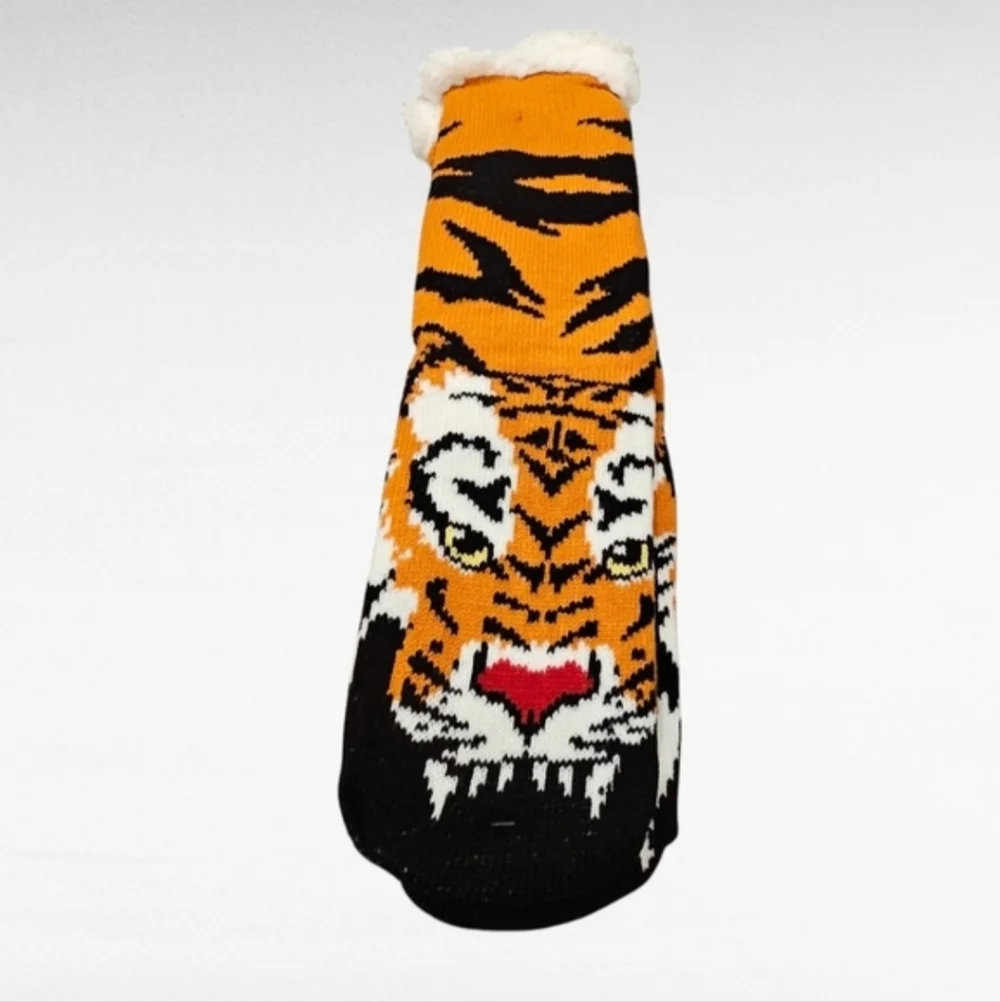 Tiger Sherpa Lined Slipper Socks Non Skid One Size